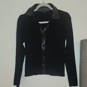 Chic Black Button-Up Jacket with Leather Accents